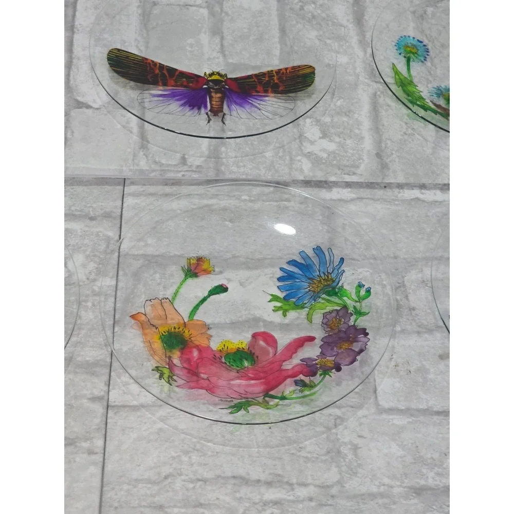 Hand painted‎ Signed Glass Salad Dessert Plates Reverse Floral Entomologist